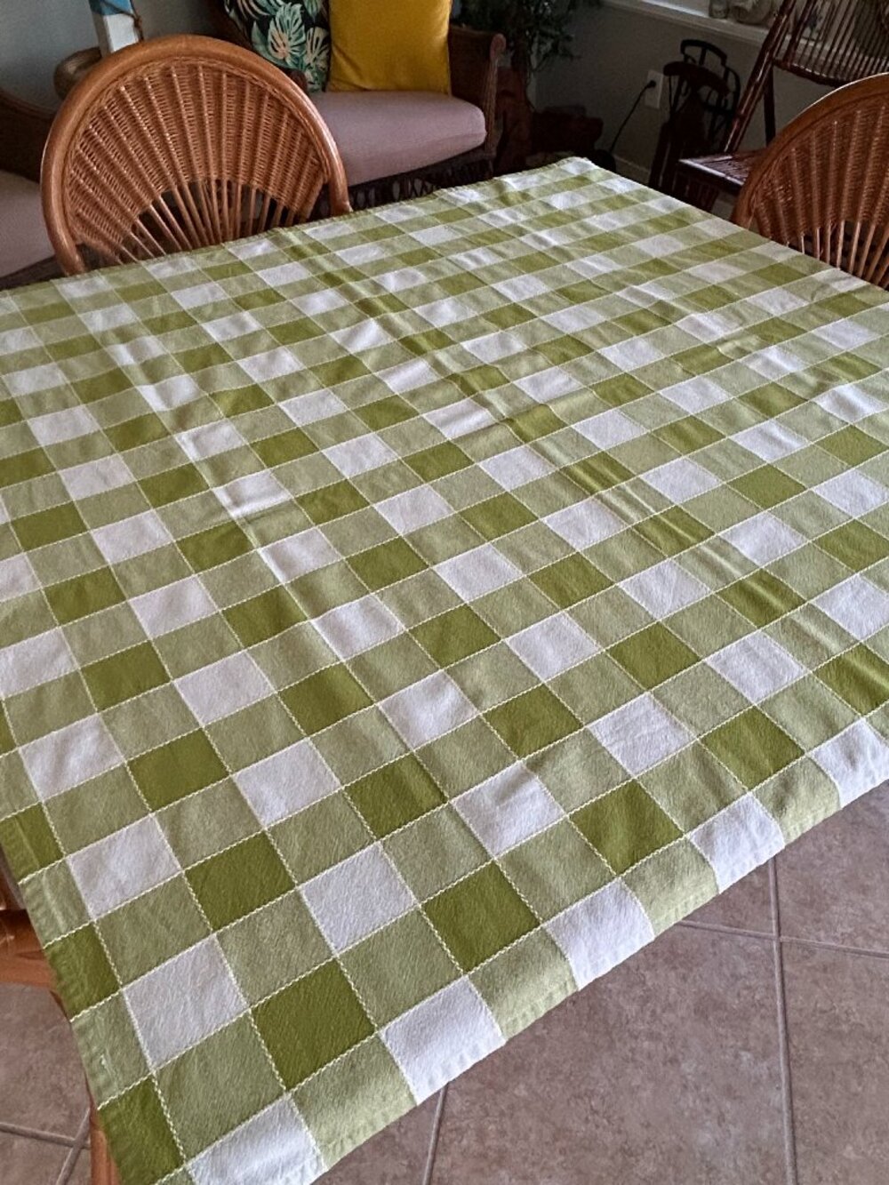 Bright Olive Green and White Checked Cotton Tablecloth 48" x 48"